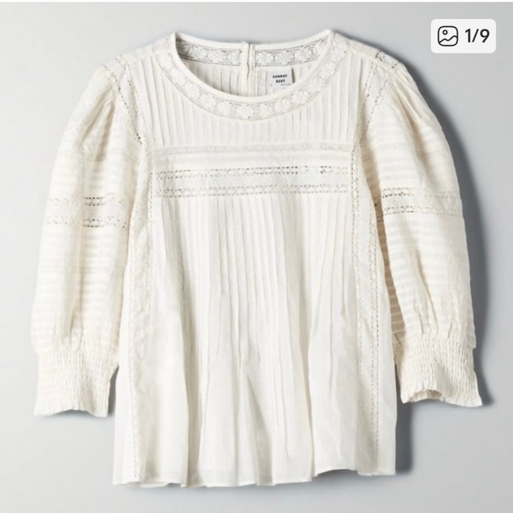 Aritzia White Lace-Trim Pintuck Peasant Blouse